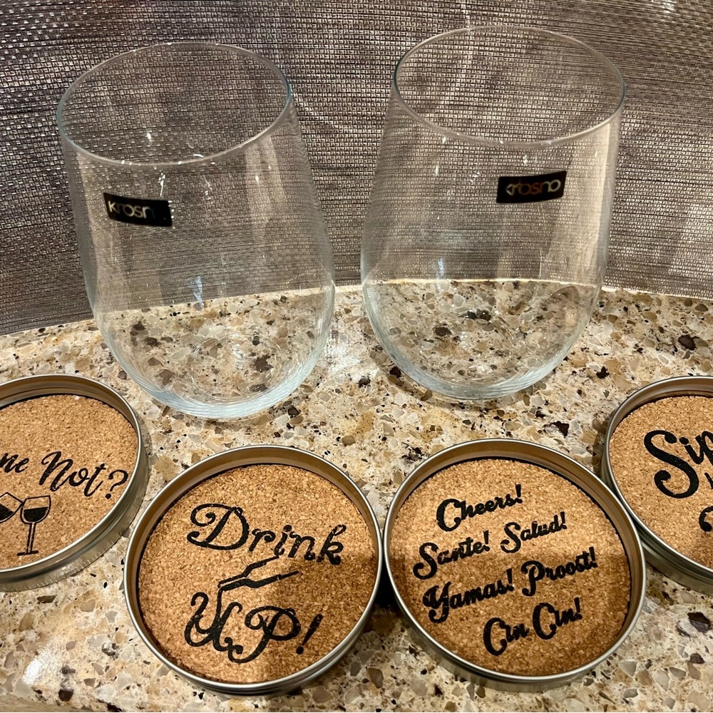 Brand New Set of 2 Wine Glasses with 4 coasters. 16oz